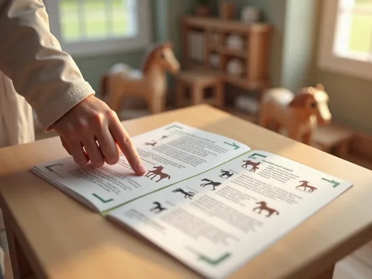 Expert pointing to a guide on rocking horse safety