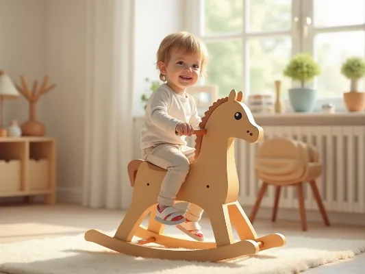Child happily riding a classic wooden rocking horse in a cozy playroom